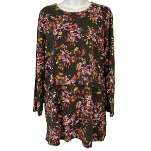J JILL Long Sleeve Layered Lagenlook Floral Stretch Knit Casual Brown Top sz M